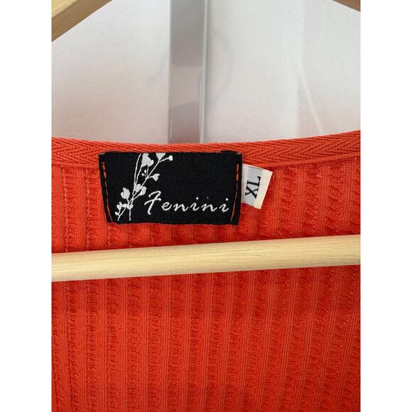 FENINI XL Waffle Knit Pullover Top Square Neck 3/4 Sleeve Buttons Cotton Orange - Picture 3 of 9